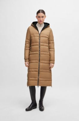 Equestrian long puffer jacket with side zips, Beige