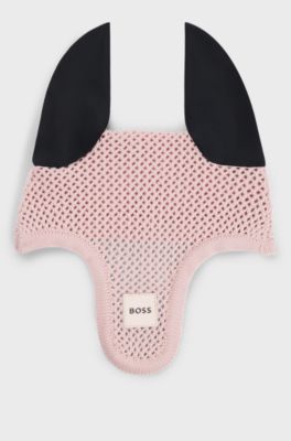 Equestrian crochet fly veil with logo patch, light pink