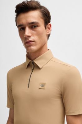 Equestrian stretch-piqu&eacute; training shirt with zip placket, Beige