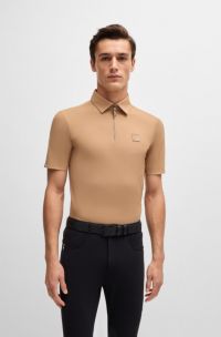 Equestrian stretch-piqué training shirt with zip placket, Beige