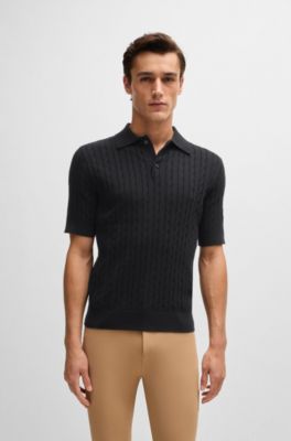 Equestrian knit polo with cable structure, Black