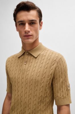 Equestrian knit polo with cable structure, Beige