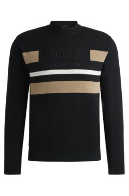 Equestrian cotton sweater with contrasting stripes, Black