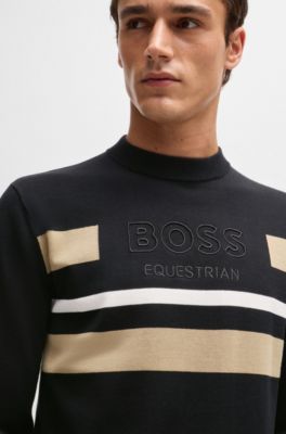 Equestrian cotton sweater with contrasting stripes, Black