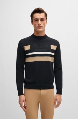 Equestrian cotton sweater with contrasting stripes, Black