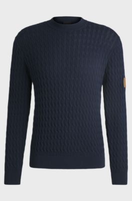 Equestrian cotton sweater with cable structure, Dark Blue