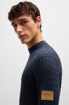 Equestrian cotton sweater with cable structure, Dark Blue