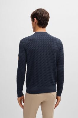 Equestrian cotton sweater with cable structure, Dark Blue