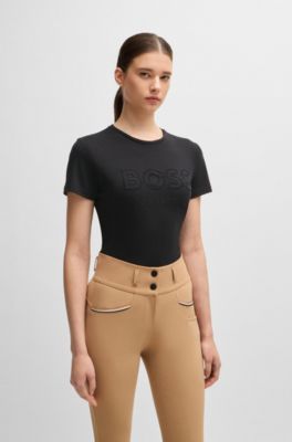 T-shirt da equitazione in cotone elasticizzato con logo ricamato, Nero