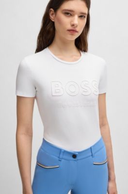 T-shirt da equitazione in cotone elasticizzato con logo ricamato, Bianco