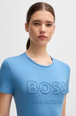 Equestrian stretch-cotton T-shirt with embroidered logo, Blue
