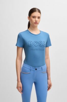 Camiseta de equitaci&oacute;n en algod&oacute;n el&aacute;stico con logo bordado, Azul