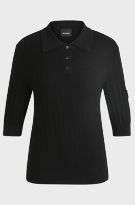 Polo d&rsquo;&eacute;quitation en maille c&ocirc;tel&eacute;e &agrave; col oversize, Noir