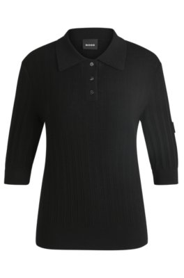 Equestrian ribbed-knit polo with oversized collar