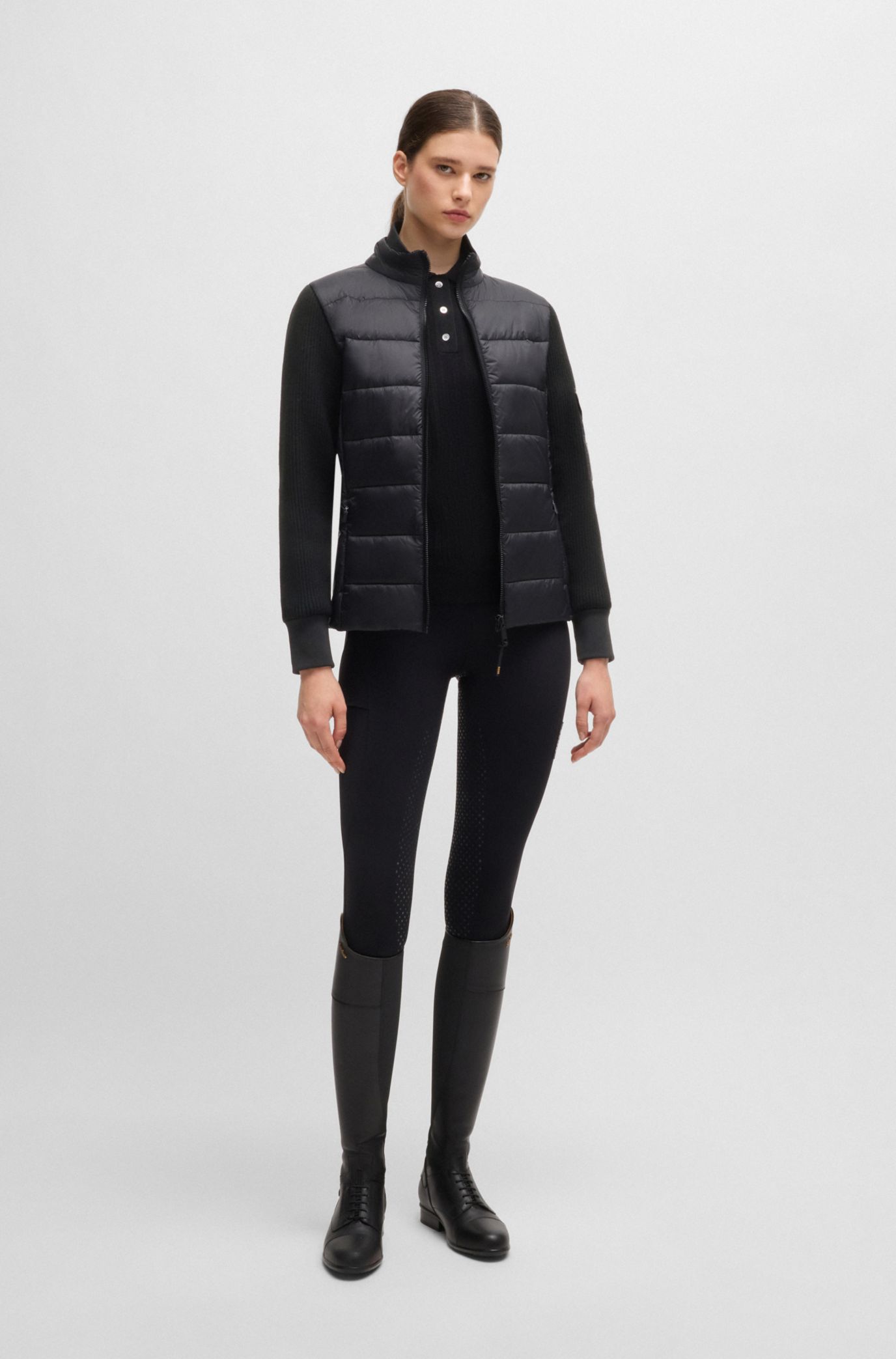 Reitsport-Poloshirt aus Rippstrick mit Oversized Kragen, Schwarz