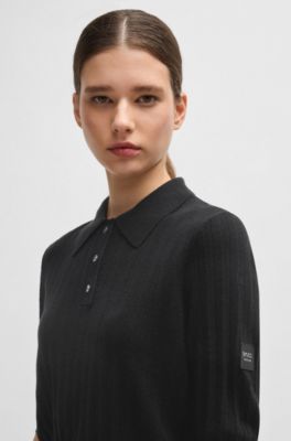 Polo da equitazione in maglia a coste con colletto oversize, Nero