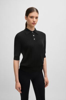 Geribbeld gebreide polo met oversized kraag voor ruitersport, Zwart