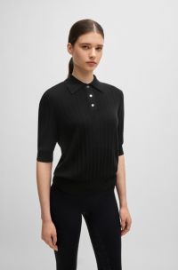 Equestrian ribbed-knit polo with oversized collar, Black