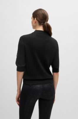 Polo d&rsquo;&eacute;quitation en maille c&ocirc;tel&eacute;e &agrave; col oversize, Noir