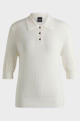 Equestrian ribbed-knit polo with oversized collar, White