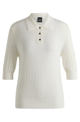 Equestrian ribbed-knit polo with oversized collar