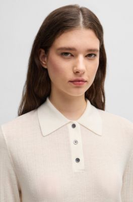 Equestrian ribbed-knit polo with oversized collar, White