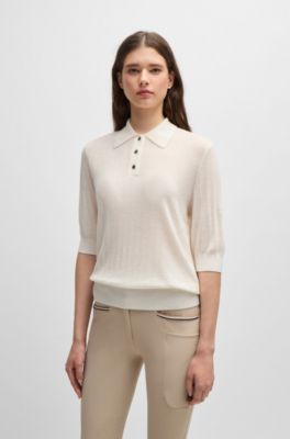 Equestrian ribbed-knit polo with oversized collar, Natural