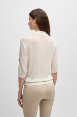 Polo d&rsquo;&eacute;quitation en maille c&ocirc;tel&eacute;e &agrave; col oversize, Blanc