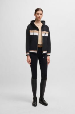 Sudadera para equitaci&oacute;n en algod&oacute;n el&aacute;stico italiano con capucha y cremallera, Negro