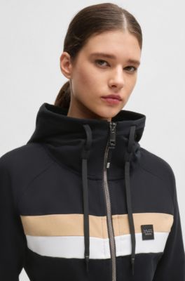 Sudadera para equitaci&oacute;n en algod&oacute;n el&aacute;stico italiano con capucha y cremallera, Negro