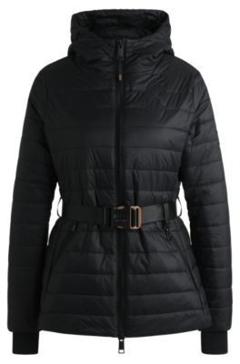 Equestrian padded jacket with buckled belt, Black