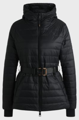 Equestrian padded jacket with buckled belt, Black