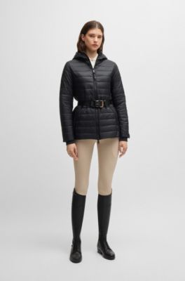 Equestrian padded jacket with buckled belt, Black