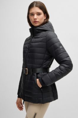 Equestrian padded jacket with buckled belt, Black