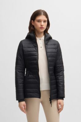 Equestrian padded jacket with buckled belt, Black