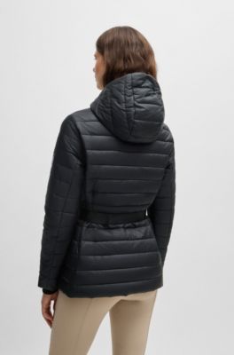 Equestrian padded jacket with buckled belt, Black