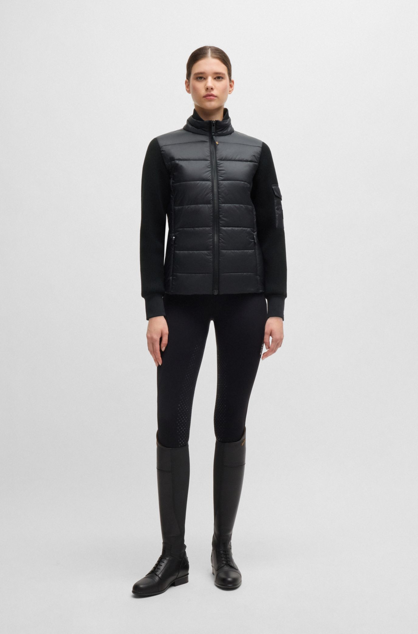 Equestrian mixed-material jacket with sleeve pocket, Black