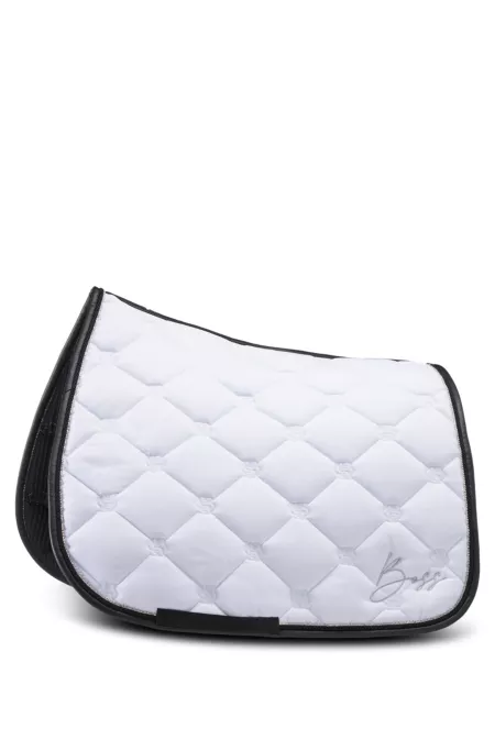 Equestrian white dressage saddle pad with crystal trim