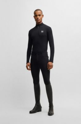 Equestrian training shirt in stretch fabric with zip placket, Black