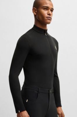 Equestrian training shirt in stretch fabric with zip placket, Black