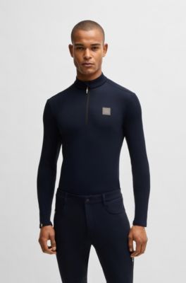 Chemise d&rsquo;entra&icirc;nement d&rsquo;&eacute;quitation en tissu stretch avec patte zipp&eacute;e, Bleu fonc&eacute;
