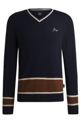 Equestrian V-neck sweater in wool and cashmere, Dark Blue
