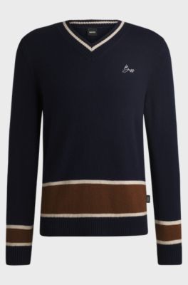 Maglione da equitazione con scollo a V in lana e cashmere, Blu scuro