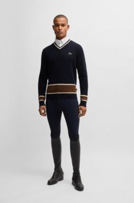 Equestrian V-neck sweater in wool and cashmere, Dark Blue
