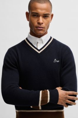 Maglione da equitazione con scollo a V in lana e cashmere, Blu scuro