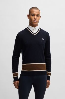 Pull d&rsquo;&eacute;quitation en laine et cachemire &agrave; col V, Bleu fonc&eacute;