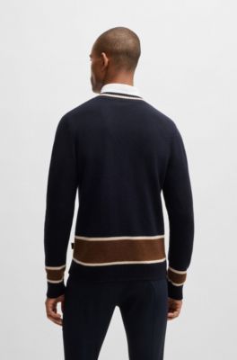 Equestrian V-neck sweater in wool and cashmere, Dark Blue