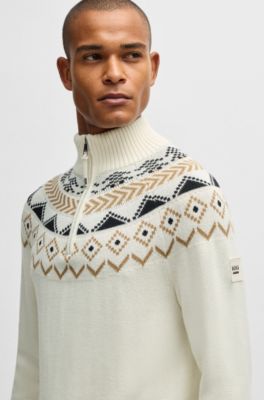 Equestrian troyer sweater with knitted pattern, White
