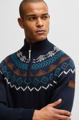 Ruitertrui in troyer-stijl met gebreid patroon, Donkerblauw