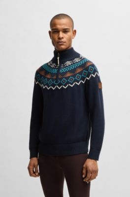 Ruitertrui in troyer-stijl met gebreid patroon, Donkerblauw